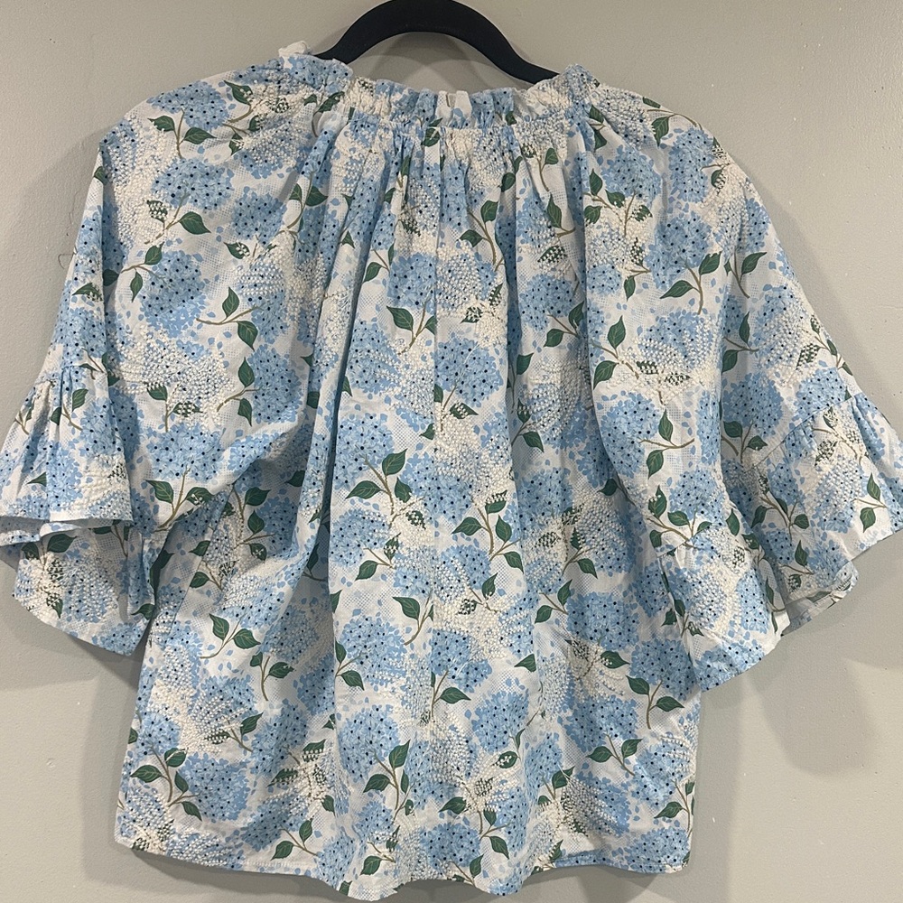 Voy Floral Print Blouse in Blue and White embroidered size S 100% cotton - Picture 5 of 10